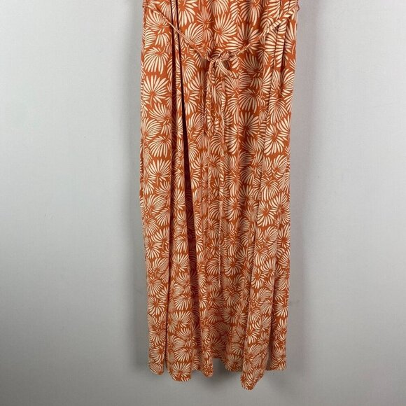 Loft Leafed Flutter Strap Pocket Midi Dress Large Orange Tie Waist Side Slit - Picture 3 of 12
